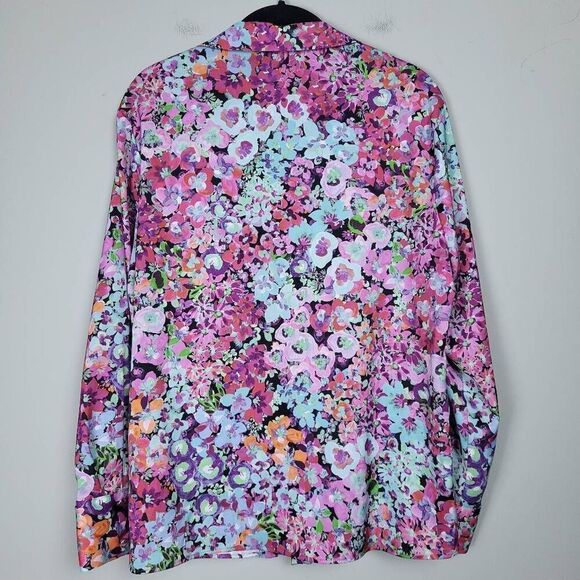 Zara Womens Floral Button Front Top Pink Large V Neck Long Sleeve Satin Colorful - Picture 2 of 8
